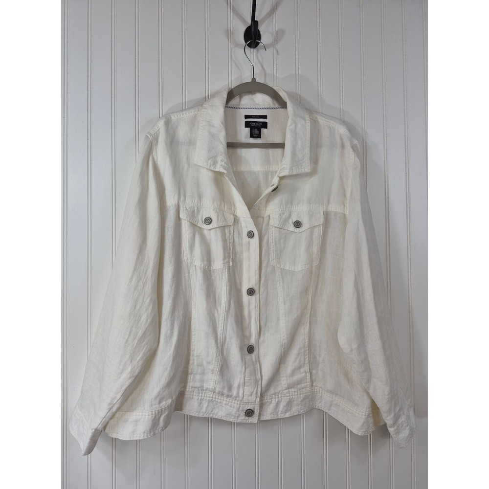 Jones NY Crisp White 100% Linen Trucker Jacket Womens 2X Sheer Summer Vacation